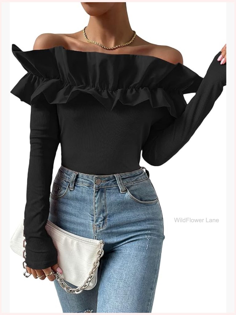 Long Sleeve Rib Knit Ruffle Off Shoulder Blouse Party Top